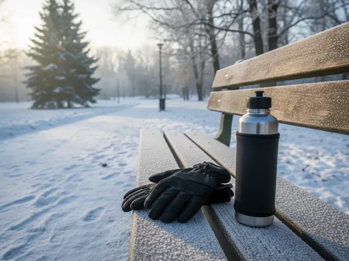 Black running gloves and a water flask rest on a frosty wooden park bench in the morning winter sun.
