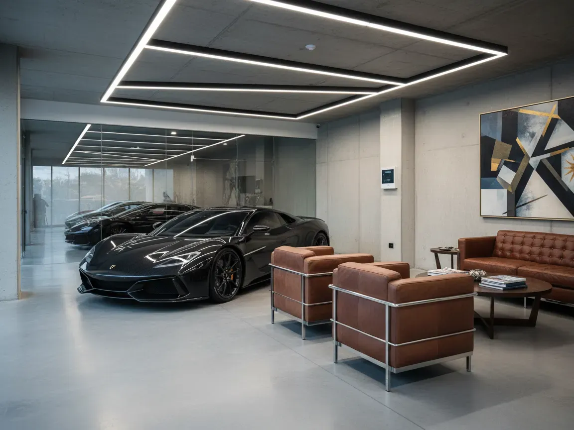 Luxury car parked on polished concrete in a modern private lounge with minimalist lights and leather armchairs.