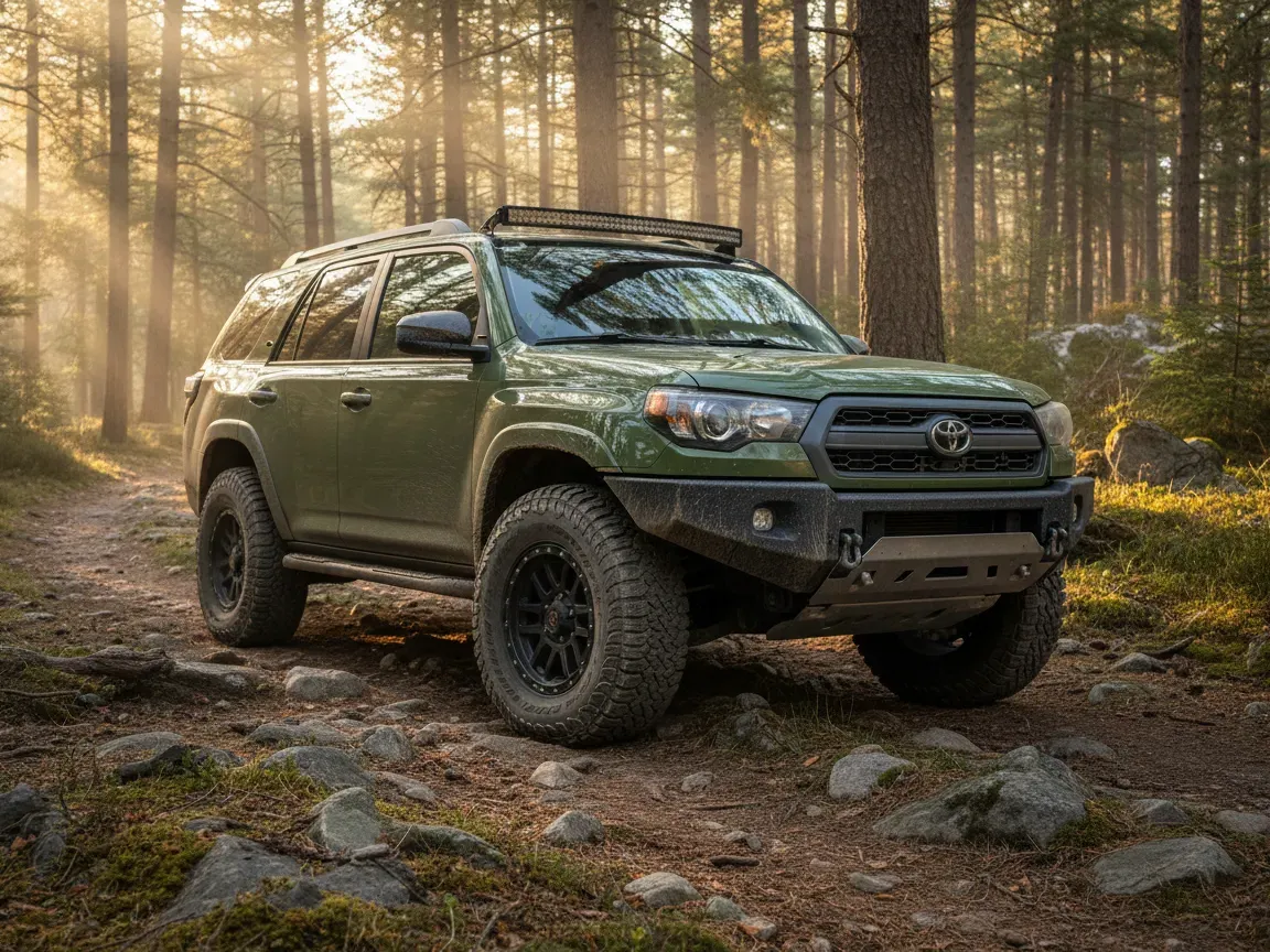 Rugged midsize SUV with all-terrain tires parked on a rocky forest trail in warm morning sunlight.