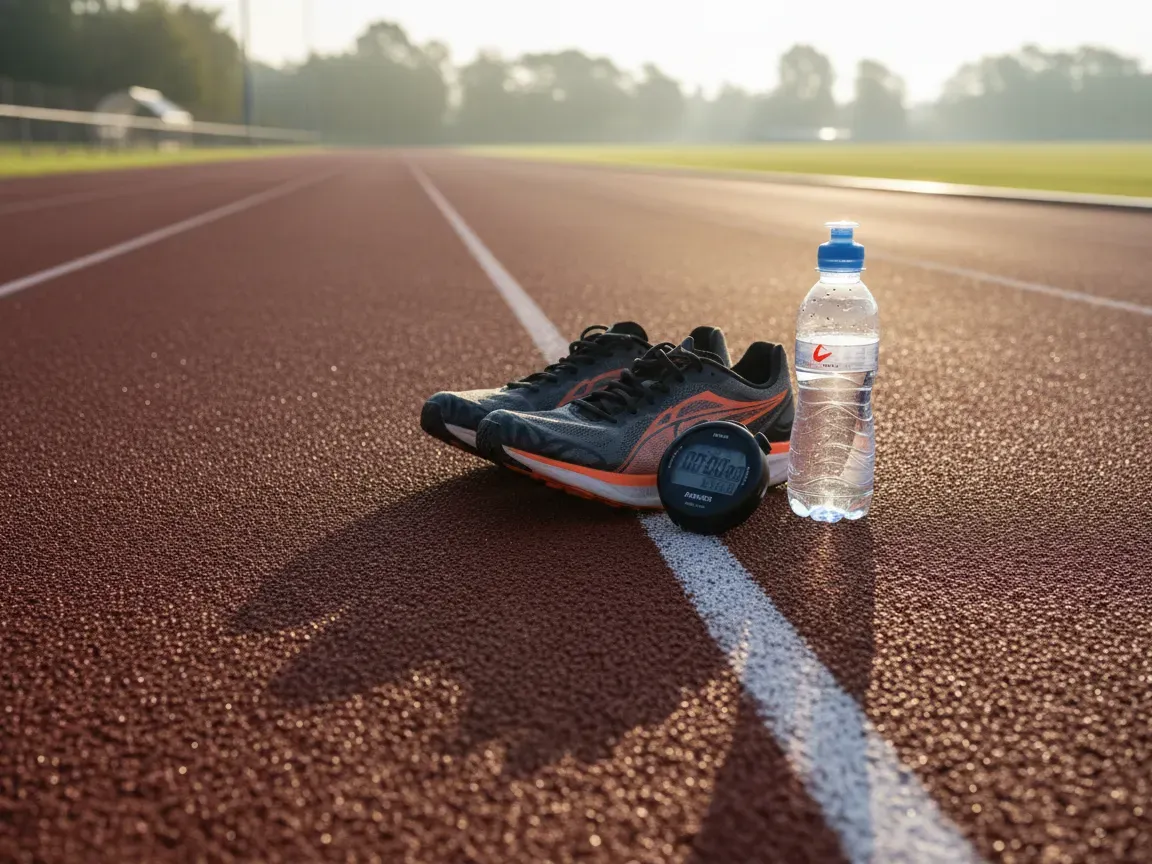 Running shoes, stopwatch, and water bottle resting on a red all-weather track in golden morning light with long shadows.
