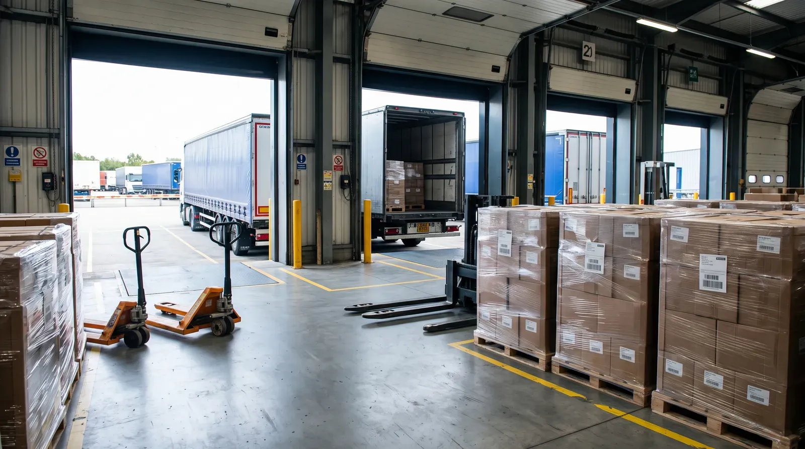 Modern UK distribution warehouse interior showing rows of securely stretch-wrapped industrial pallets staged on a clean concrete floor, with curtain-sided freight trucks docked at open loading bays in the background.