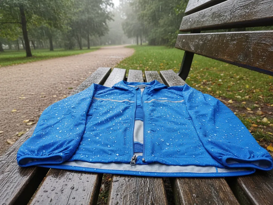 Water droplets beading on a waterproof running jacket lying on a wet wooden bench outdoors in the rain.