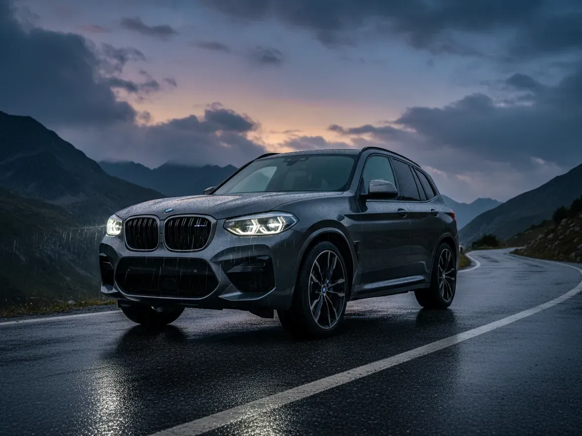Dark metallic BMW X3 M50 parked on a wet mountain road at dusk with glowing LED headlights.