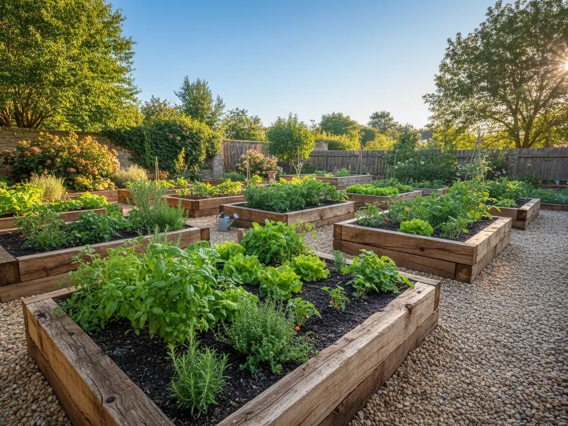 Raised wooden garden beds with herbs and vegetables along a gravel path in morning sunlight.