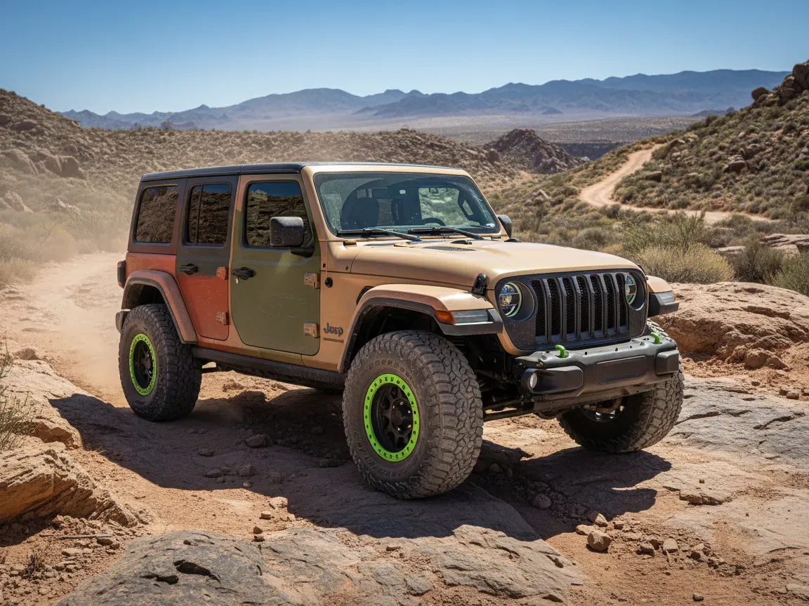 Jeep Wrangler Switchback with neon green accents parked on a rugged red rock trail in bright sunlight.