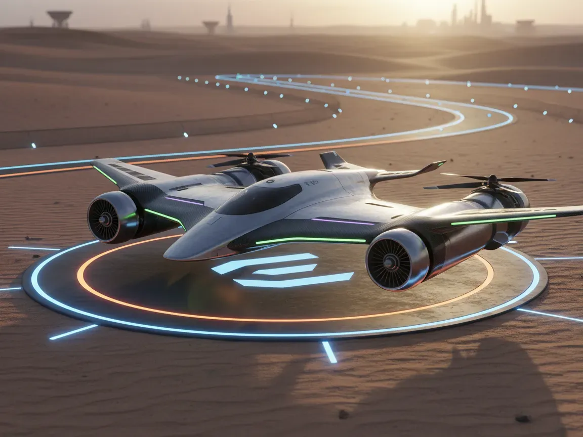 A sleek, brushed stainless steel eVTOL flying race car hovers over a desert landing pad illuminated by neon at dusk.