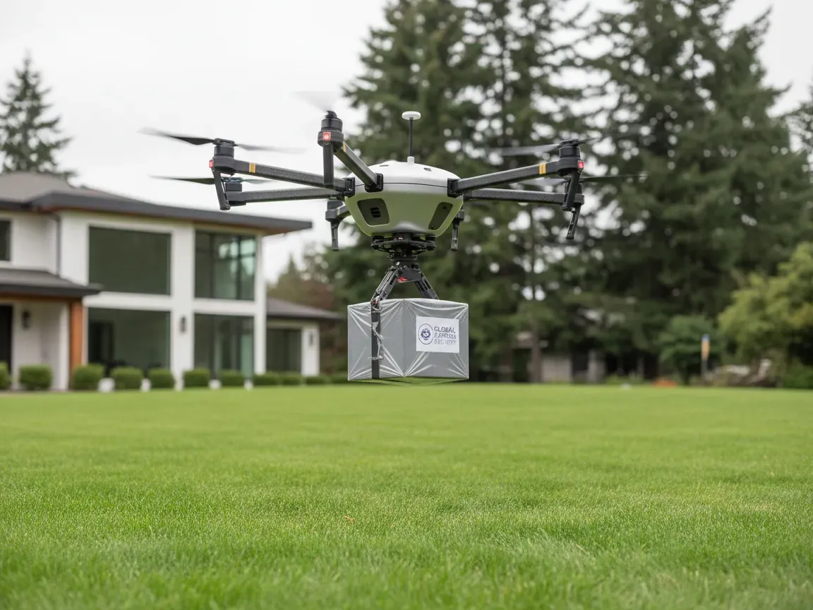 A delivery drone carrying a package hovers over a green suburban lawn in front of a modern house.