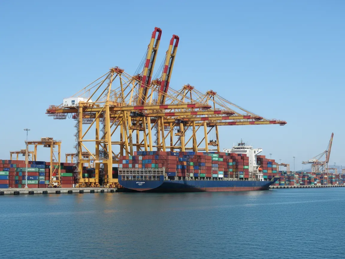 Gantry cranes unload a colorful cargo ship stacked with containers at a sunny industrial port with calm water.