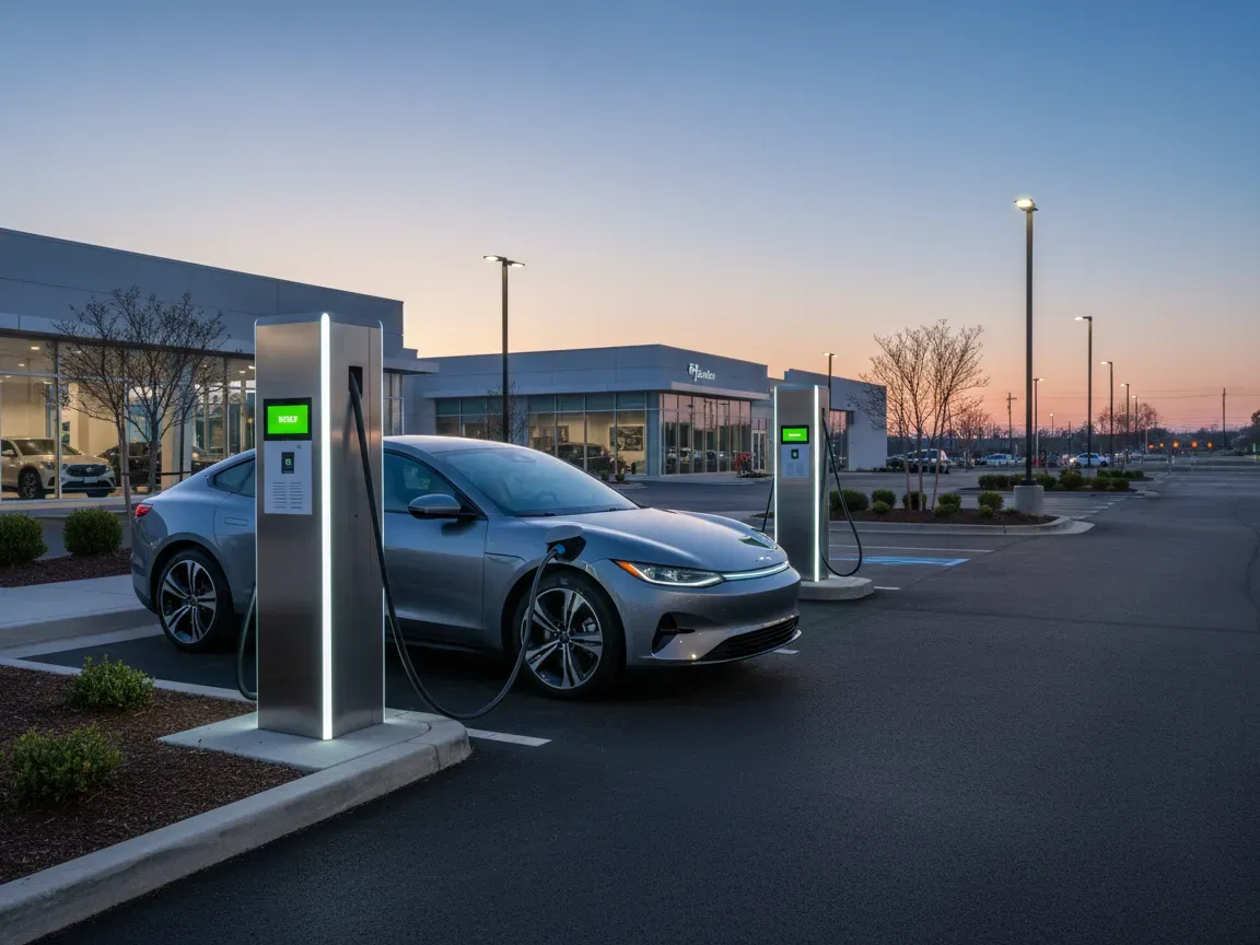 Sleek electric vehicle charging at a modern suburban station with glowing cables and status lights in soft evening light.