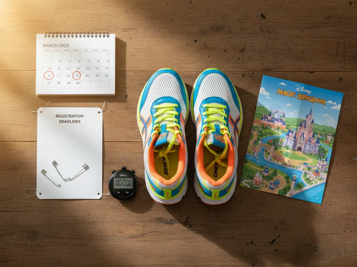 Running shoes, a blank race bib, a calendar, a stopwatch, and a Disney map arranged flat lay on a sunny wooden desk.
