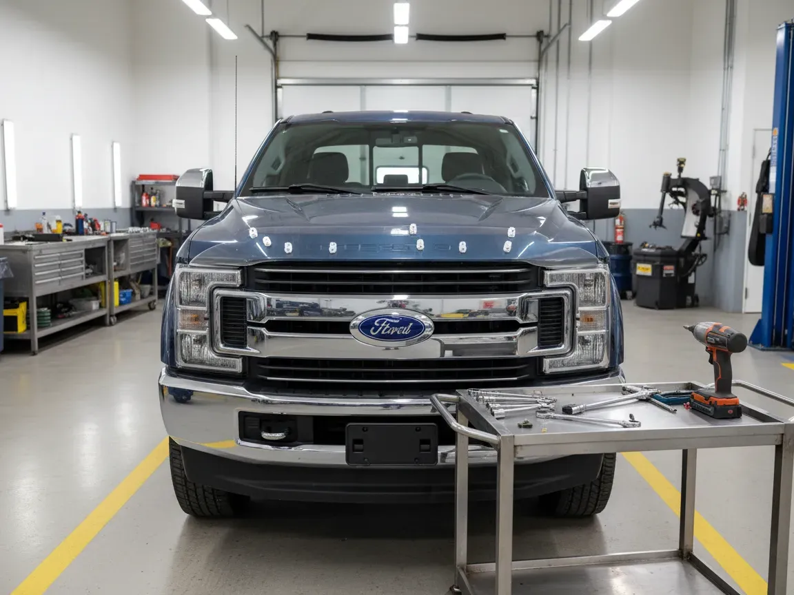 Close-up of a truck's chrome grille and deflector trim with loose clips in a well-lit workshop with tools nearby.